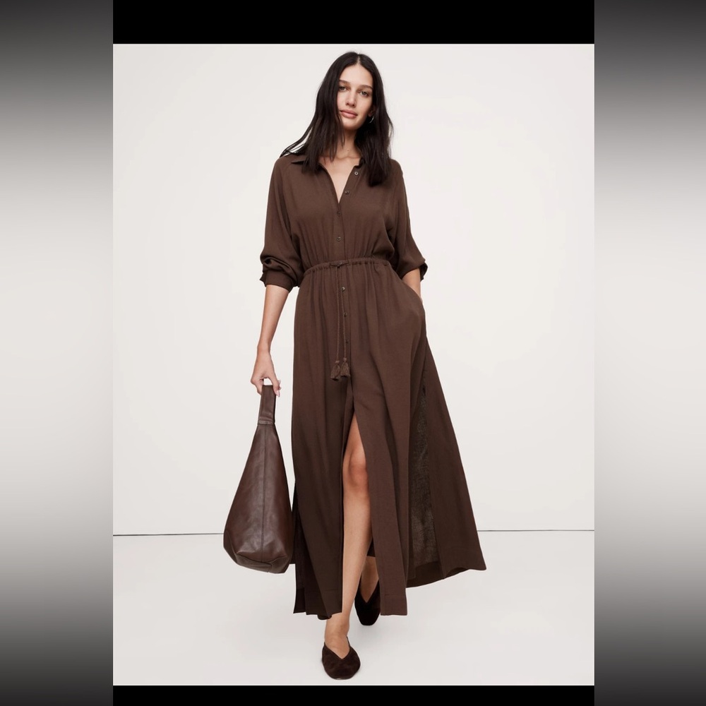 BANANA REPUBLIC GAUZE SHIRT DRESS brown long sleeve maxi button linen blend